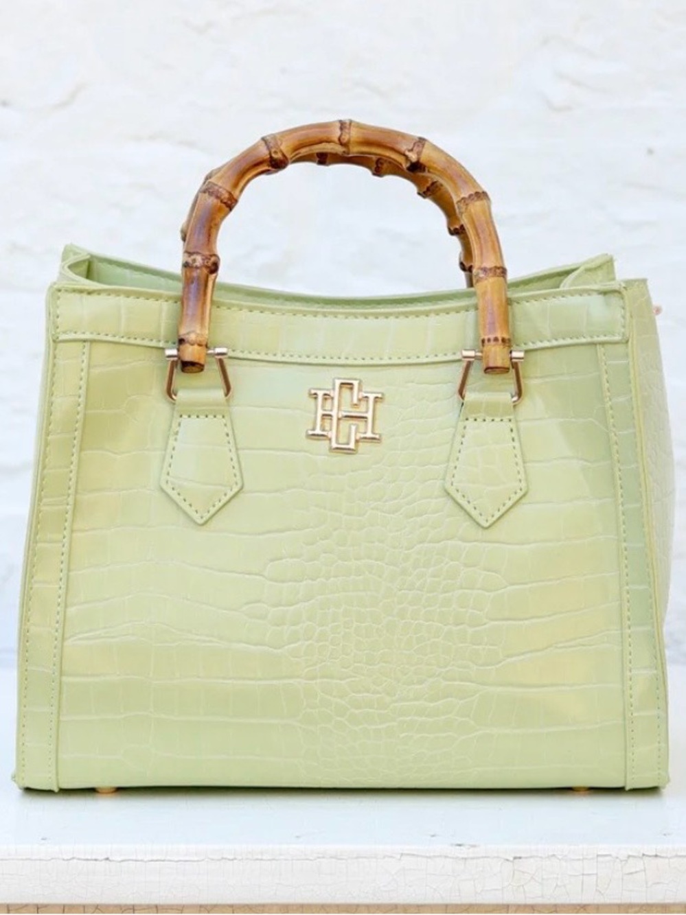 Croc-Embossed Bamboo-Handle Crossbody Bag in Pale Green